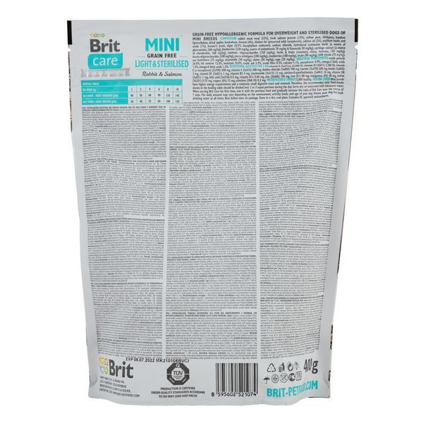 Brit Care Dog Grain Free Mini Light Sterilised сухий корм для дорослих собак дрібних порід, з кроликом та лососем, уп. 400 г 170786/1074 фото