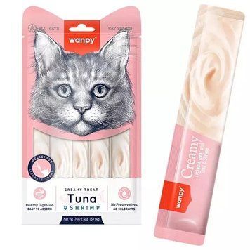 Wanpy Creamy Lickable Treats Tuna&Shrimp рідкі ласощі для котів, Тунець з Креветками, уп. 5 шт по 14г RAC-50 фото