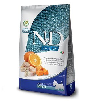 Farmina N&D Ocean Cod, Pumpkin & Orange Сухий беззерновий корм для дорослих собак маленьких порід, з тріскою, гарбузом і апельсином, уп. 800 г 160732 фото