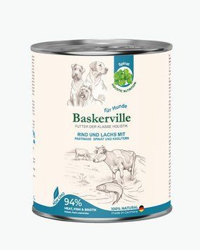 Baskerville Яловичина та лосось з пастернаком, шпинатом та зеленню повнораціонний вологий корм класу холістик для собак, 800 г 21563 фото