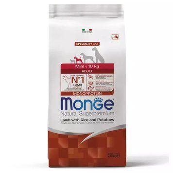 Monge Dog Mini adult сухий корм для дорослих собак малих порід, ягня, рис та картопля, уп. 2.5 кг 70011549 фото