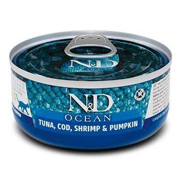 Farmina N&D Cat Grain Free Ocean Tuna, Cod, Shrimp & Pumpkin вологий корм для котів, тунець, креветка, гарбуз, уп. 70г 01997 179 461 фото