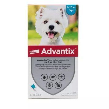 Advantix (Адвантікс) by Elanco краплі від бліх і кліщів для собак, 4-10 кг, (уп. 4х1,0 мл), 1 піпетка 85910396 фото
