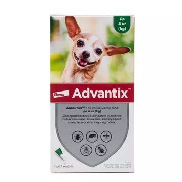 Advantix (Адвантікс) by Elanco краплі від бліх і кліщів для собак, до 4кг, (уп. 4х0,4 мл), 1 піпетка 85910388 фото