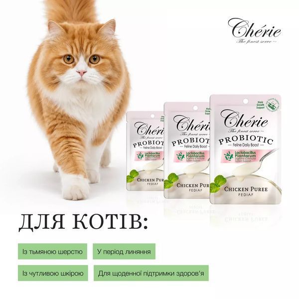 Cherie Creamy Care Chicken Puree Hair Growth, Пюре з курки (для підтримки росту шерсті). Повноцінний корм з пробіотиком для дорослих котів, 40 г 05161 фото